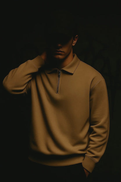Men's Vintage Quarter-Zip Pullover Sweatshirts - Caramel Brown.
