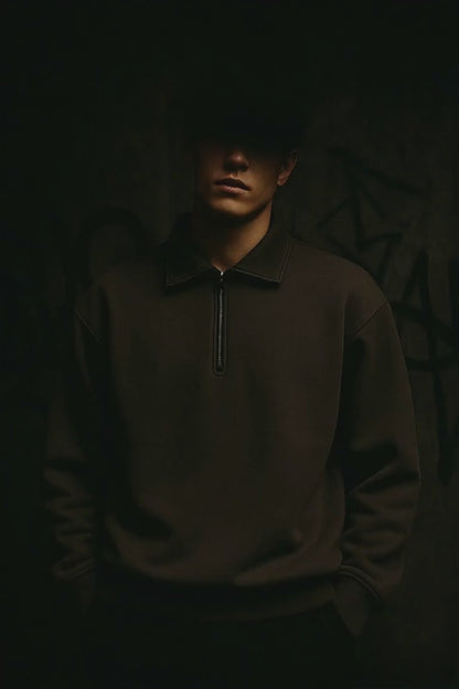 Men’s Vintage Quarter-Zip Pullover Sweatshirt – Coffee Brown