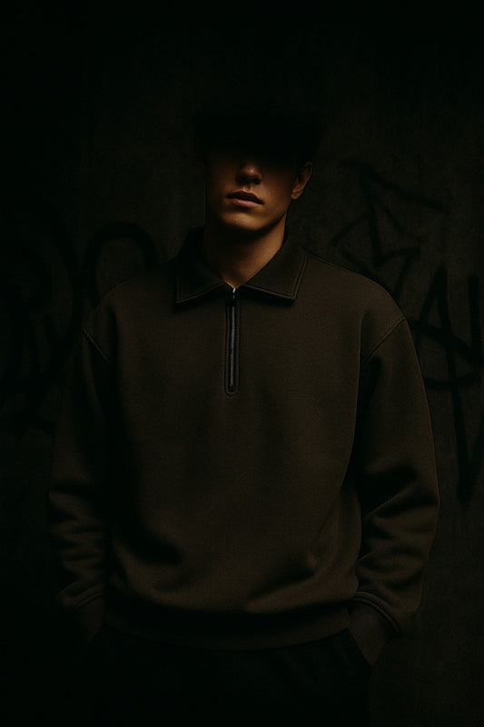 Men’s Vintage Quarter-Zip Pullover Sweatshirt – Coffee Brown